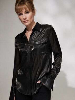 DKNY Black Rain Liquid Gunmetal Shimmer Shirt Blouse Wet Look Avant Garde M